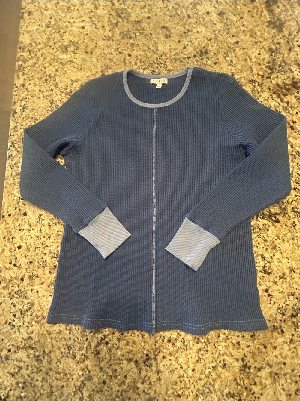 Molly Yeh Waffle Knit Top Women’s Large Blue Long Sleeve Contrast Cuff